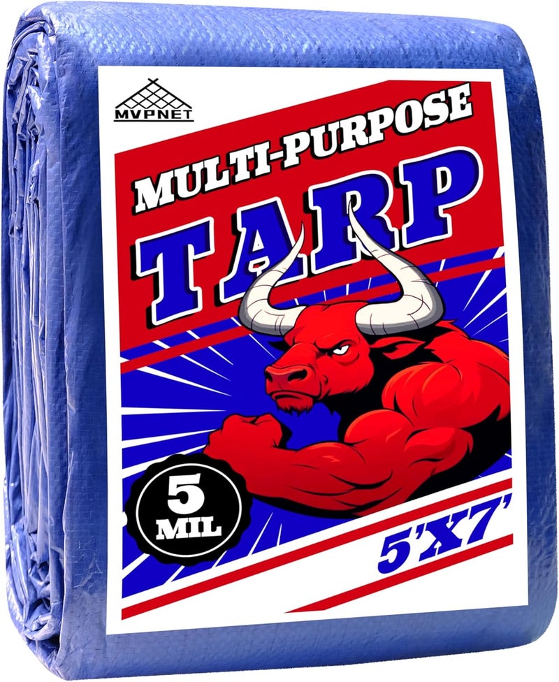 MVPNET Tarp 5x7 ft 100% Waterproof Uv Resistant High Durability Multipurpose 5mil Blue Tarp for Covering Courtyards, Cars, Camping, Gardens, Pet Nests -by - Image 1